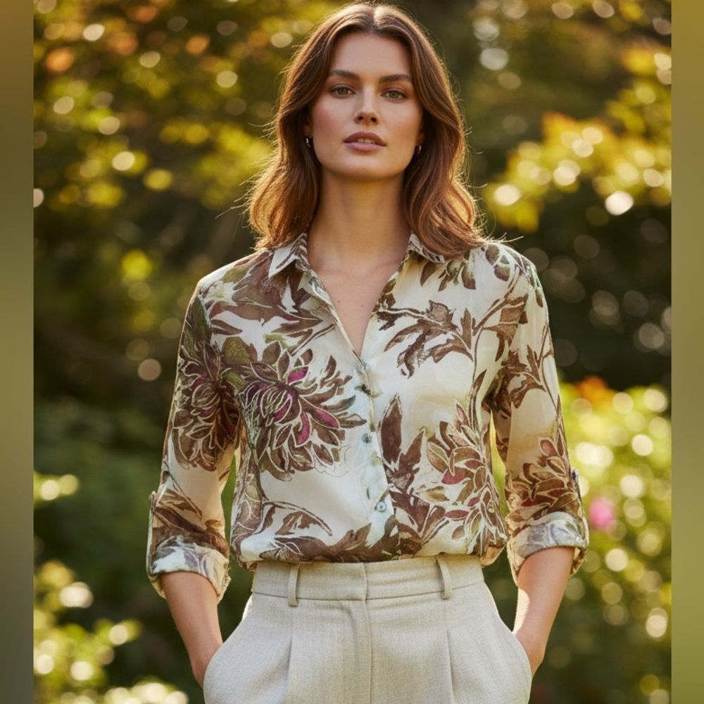 Take 50% OFF-Additions women's short-sleeved button down floral shirt, Size-2(L)